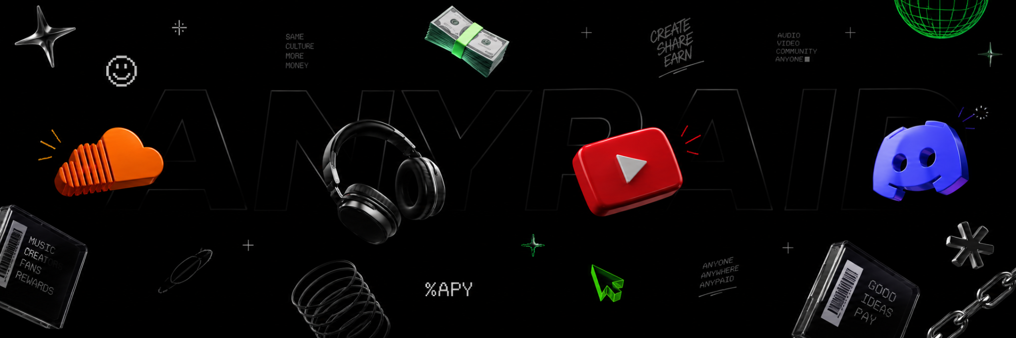 3D SoundCloud, YouTube and Discord symbols, headphones and internet-culture objects on black